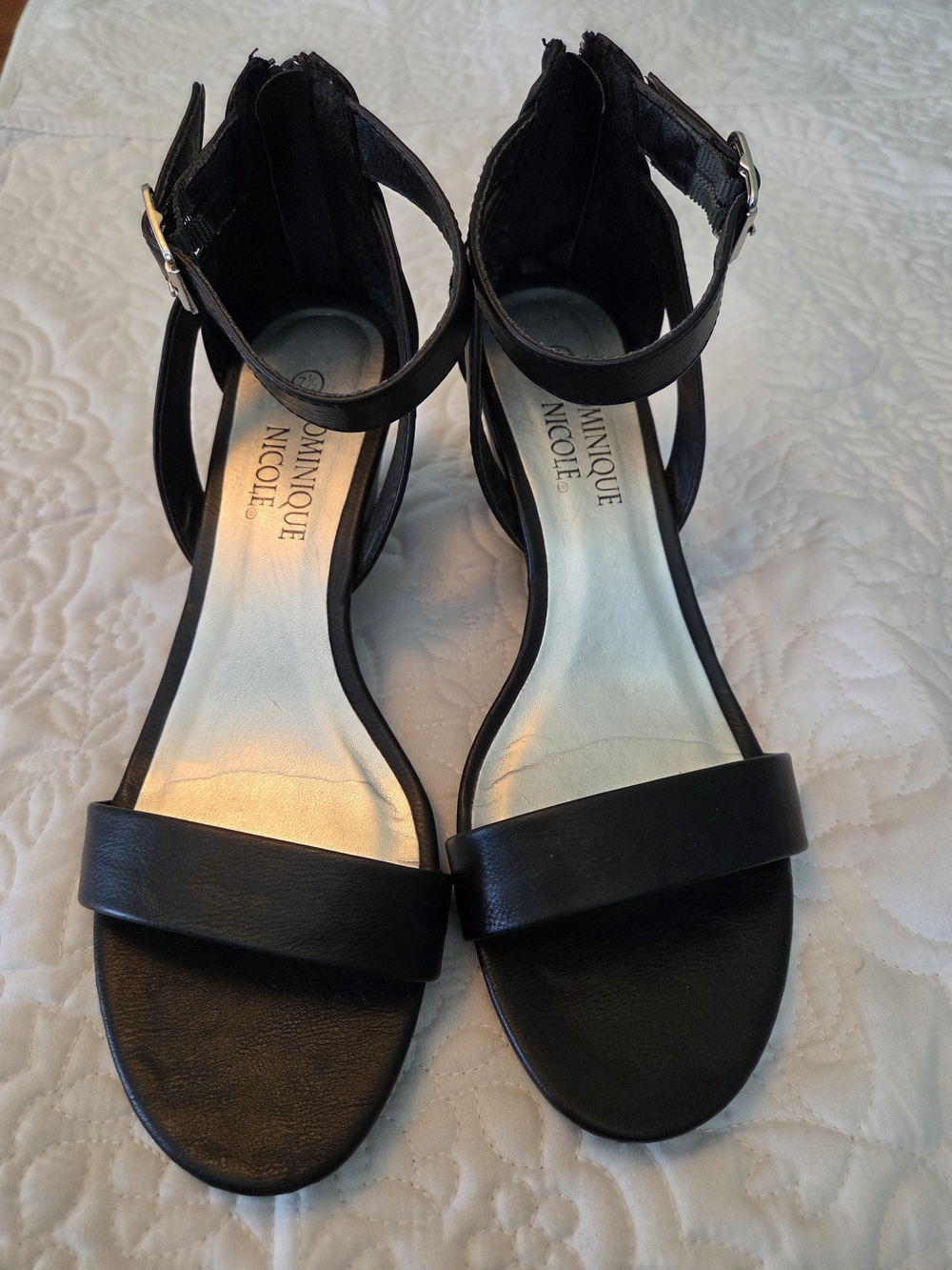 Dominique Black Ankle-Strap Low Wedge Women's Sandals